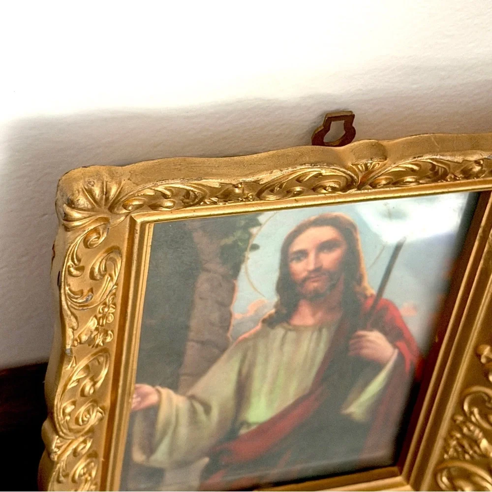 Vintage Jesus Knocking on the Door Art Print Ornate Gold Heavy Plastic Framed